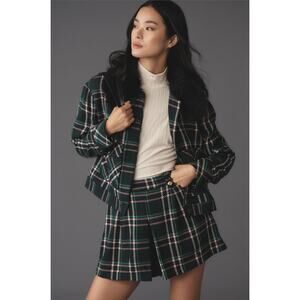 Anthropologie Maeve Plaid Faux Fur Collar Cropped Jacket Green Black Size L NWT